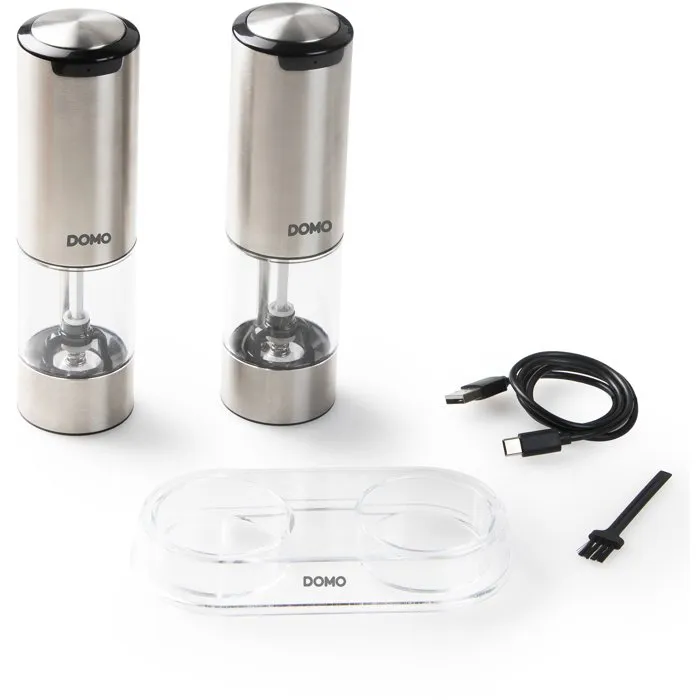 DOMO AAAXK83953 Molinillo Eléctrico de Pimienta y Sal Recargable por USB, Juego de 2 Piezas, 96 ml, Transparente y Plateado