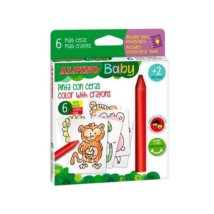 Alpino Ceras Baby "La Jungla" Estuche De 6 Ceras Extra Gruesas Con Cartas Para Colorear Y Sacapuntas Para Bebés