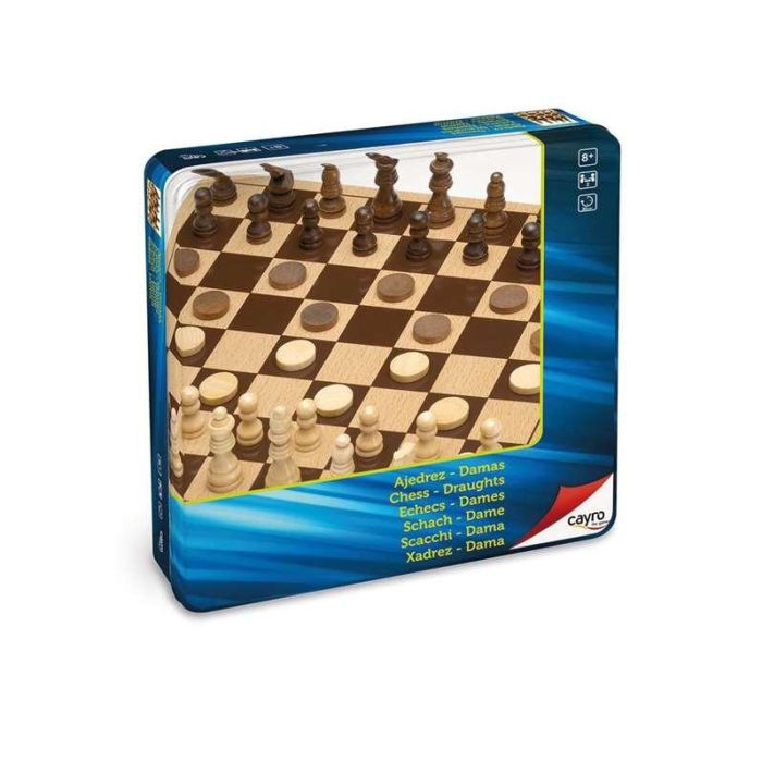 Juego ajedrez y damas de madera en caja de metal 25,5x25,5 cm 1 Juego ajedrez y damas de madera en caja de metal 25,5x25,5 cm 1