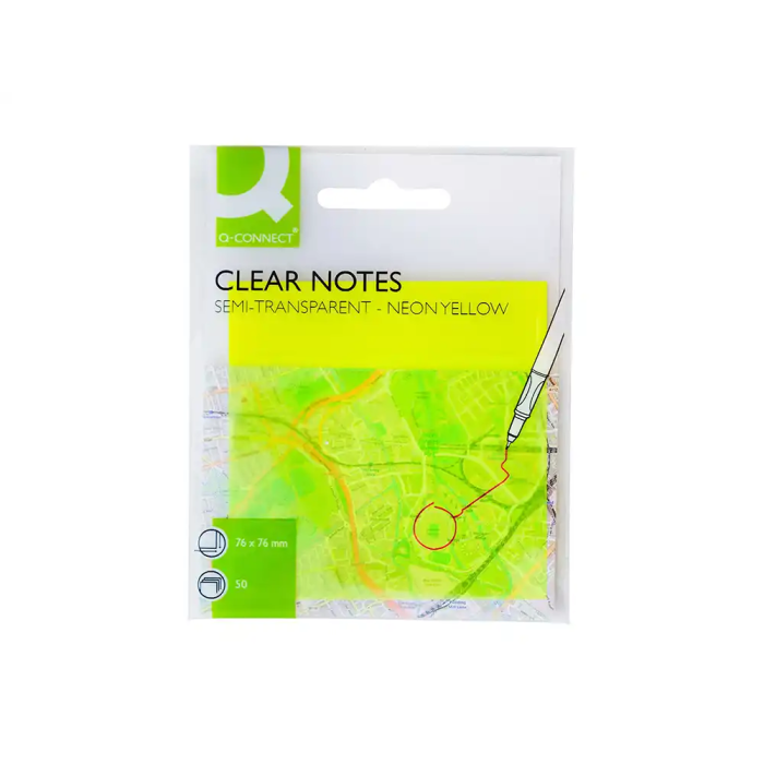 Q-connect Bloc de Notas Adhesivas Quita y Pon 76x76 mm Removible Plástico Translucido Amarillo Neón 50 Hojas 1