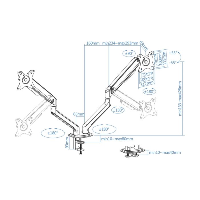 TooQ DB4132TNR-G Soporte de Mesa para 2 Monitores, Giratorio e Inclinable, VESA 75/100, 17-32", hasta 9kg por brazo 6 TooQ DB4132TNR-G Soporte de Mesa para 2 Monitores, Giratorio e Inclinable, VESA 75/100, 17-32", hasta 9kg por brazo 6