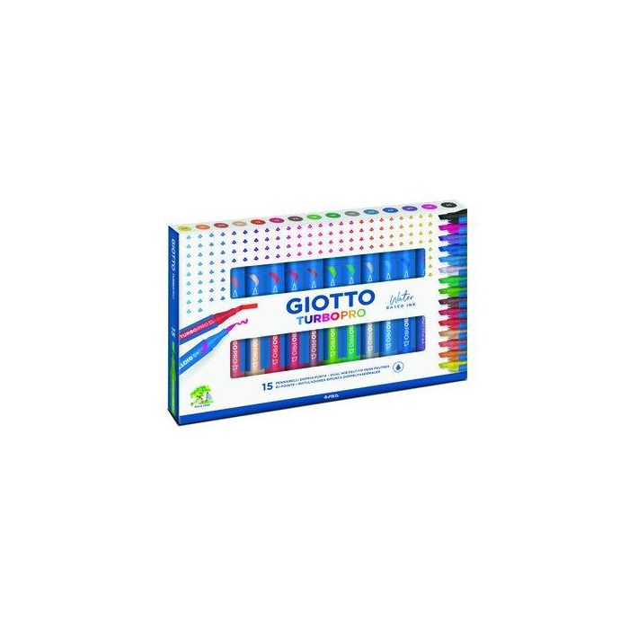Giotto Rotuladores Turbo Pro Acuarelables Doble Punta, pincel y biselada, 15 unidades colores surtidos a base de agua