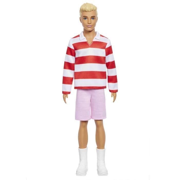 Barbie HYV01 - Muñeca Ken Fashionista con Top y Pantalones Cortos de Rayas Rojas