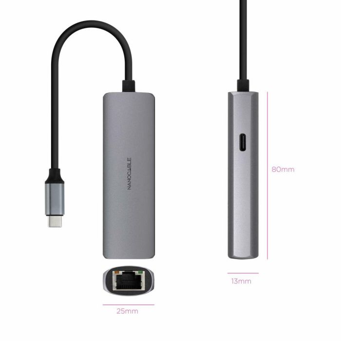 Coolbox Adaptador USB-C 3.1 a RJ45 Gigabit Ethernet con PD 100W para MacBook, iPad Pro, Dell XPS, Samsung Galaxy Gris 18cm 4