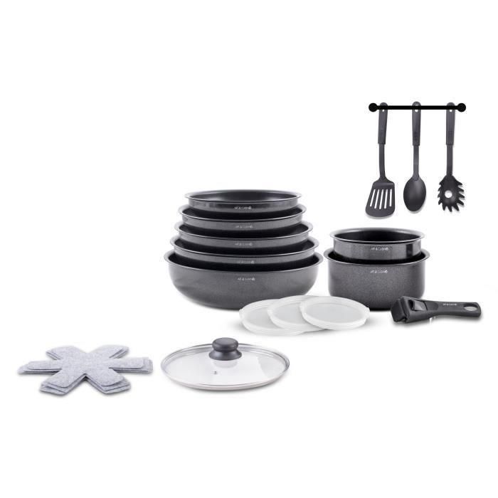 Batería de cocina - Todo tipo de fuegos, incluida inducción - ART & CUISINE - AC1824 - Aluminio - 18 piezas - Antiadherente - Mango extraíble Batería de cocina - Todo tipo de fuegos, incluida inducción - ART & CUISINE - AC1824 - Aluminio - 18 piezas - Antiadherente - Mango extraíble