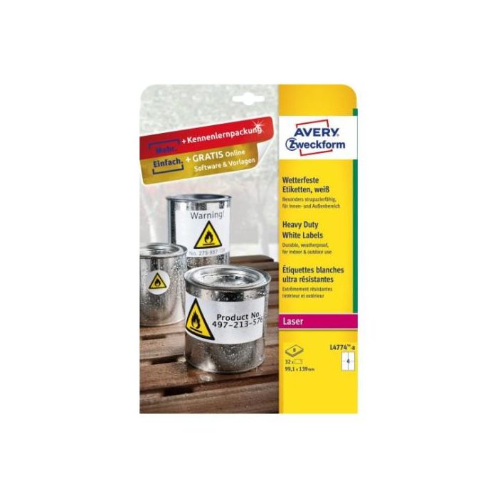 Avery Etiqueta Adhesiva Resistente Poliéster Blanco 99,1x139 mm para Impresora Láser, Impermeable, Adhesivo Permanente, 32 Unidades 1