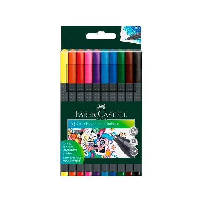 Faber Castell Rotuladores Grip Finepen 0.4 mm, Estuche de 10 Colores Surtidos, Punta Fina, Diseño Ergonómico
