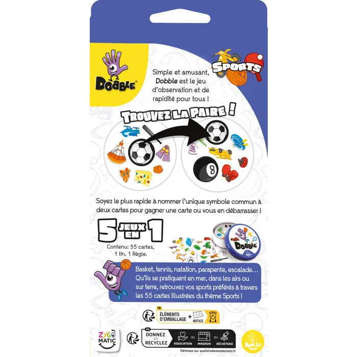 Asmodee ZYGOMATIC Juego Dobble - Juego de Observación y Reflejos para Familia y Amigos, Caja Metal, 2 a 8 Jugadores, Edad 6+, Francés