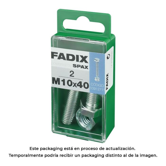Fadix Tornillo Métrica M10x40mm con Cabeza Hexagonal y Tuerca Cincada. Paquete de 2 Unidades