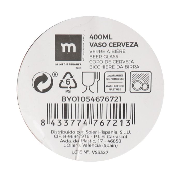 La Mediterranea Vaso Cerveza 400 ml Ps 7 x 13.5 x 7 cm (24 Unidades)