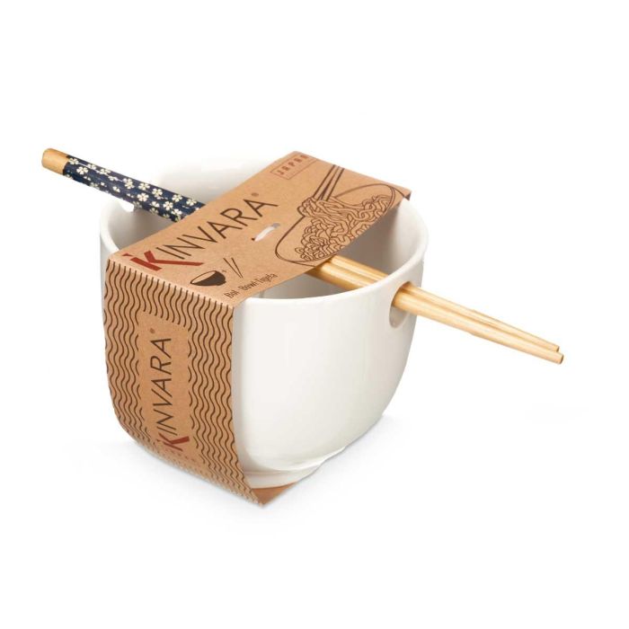 Kinvara Bowl Porcelana Asiatico Blanco con Palillos de Bambu 24 x 13 x 10.7 cm (Set de 12)