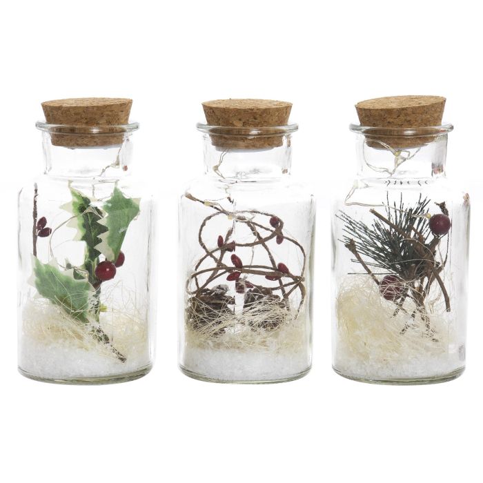 DKD Home Decor Adorno de Navidad Luminoso Estilo Alpino de Cristal y Corcho con LED, 14 cm de Alto, Natural, Pack de 3 Unidades