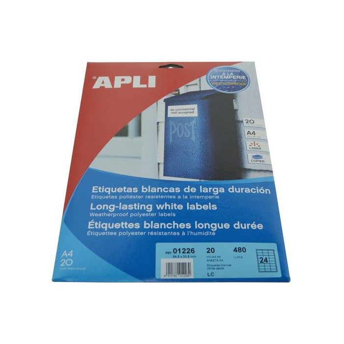 Apli Etiquetas Adhesivas Poliéster Blanco 64,6x33,8 mm, 480 Unidades, Resistente a Intemperie y Corrosión, Ideal para Láser