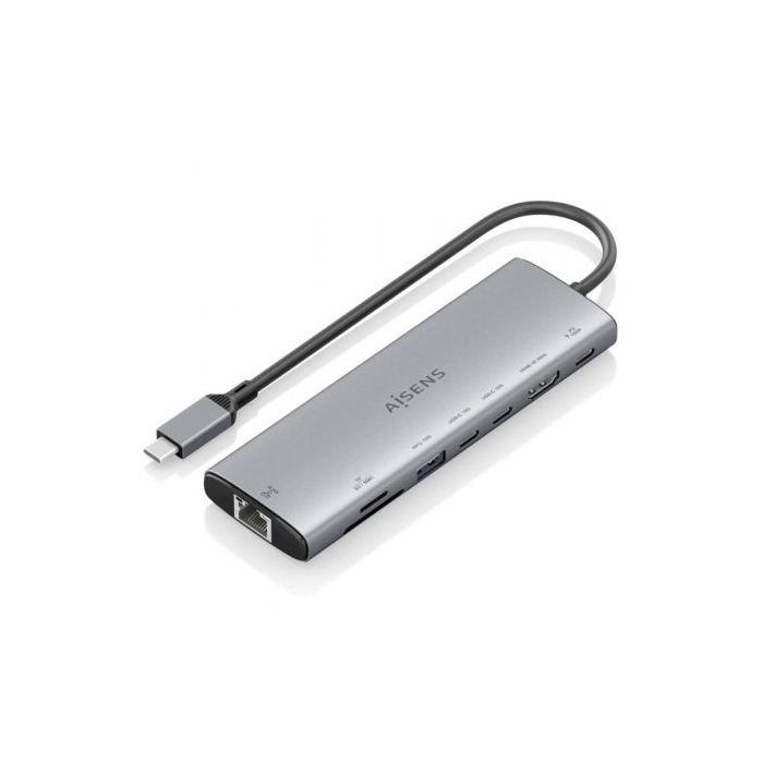 Aisens ASUC-8P033-GR Docking USB Tipo-C 8 en 1 HDMI 4K, USB-A/C 10G, RJ45 Gigabit, Lector Tarjetas, USB-C PD 100W Gris