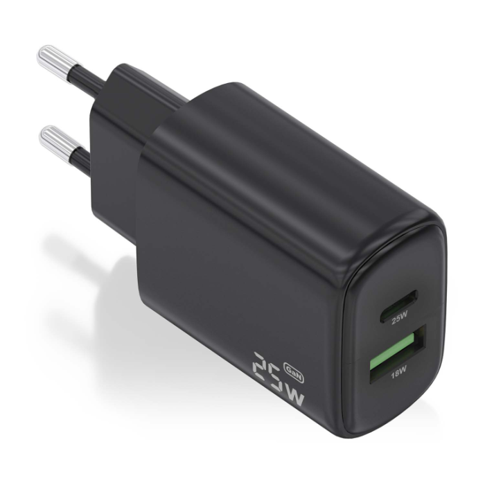 AISENS - CARGADOR 25W, 1xUSB-C PD3.0, 1xUSB-A QC3.0, NEGRO