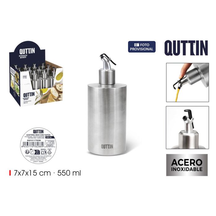 Aceitera de acero inoxidable 550 ml con tapón Quttin - Inde (12 Unidades) Aceitera de acero inoxidable 550 ml con tapón Quttin - Inde (12 Unidades)