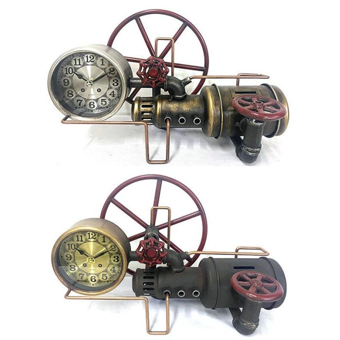 DKD Home Decor Reloj Sobremesa Vintage Dorado Plateado Hierro, Ancho 40 cm, Largo 20 cm, Alto 26 cm (2 Unidades), funciona con 1 Pila AA