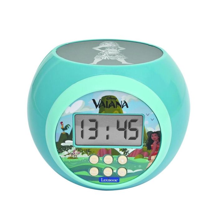 LEXIBOOK Reloj Despertador Proyector Vaiana Moana Disney con Luz Nocturna, Alarma y Función Repetición, Pantalla LCD