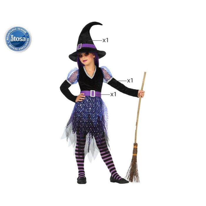 Disfraz de Bruja Niña Infantil Halloween Violeta 3-4 Años - Incluye Vestido, Sombrero y Cinturón