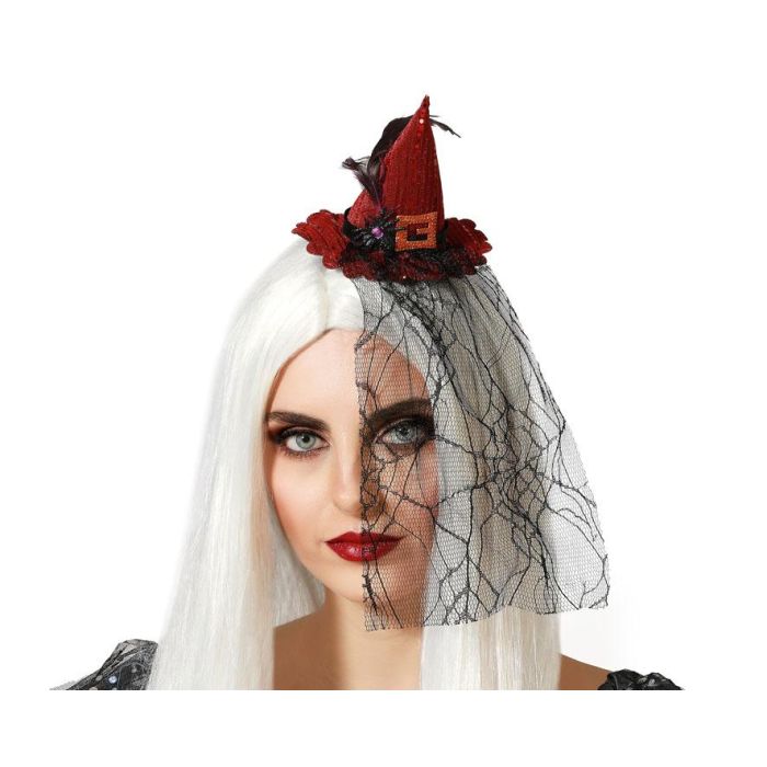 Diadema Halloween Sombrero Bruja Rojo Con Velo Mujer Adulto