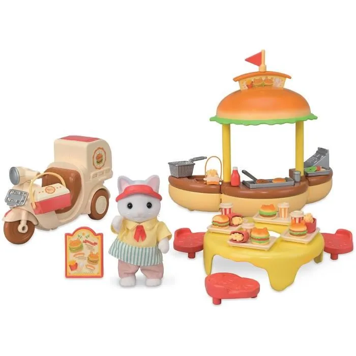 Sylvanian Families Puesto de Hamburguesas Papa Latte Cat y Scooter SYL5054131057575 1