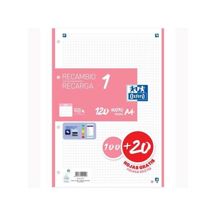 Oxford Recambio Classic 120 Hojas A4 Sueltas 90 gr 5x5 mm 4 Taladros 1 Banda Color Rosa Chicle Oxford Recambio Classic 120 Hojas A4 Sueltas 90 gr 5x5 mm 4 Taladros 1 Banda Color Rosa Chicle