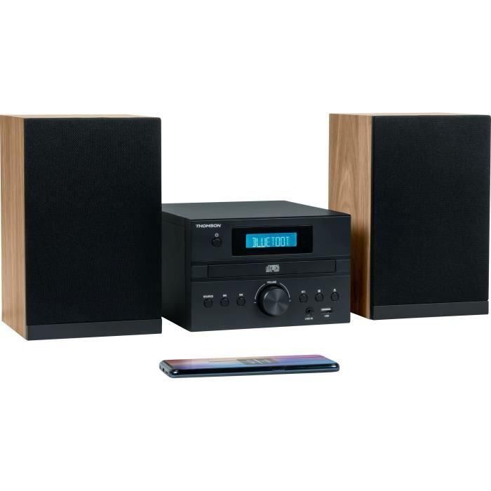 Microsistema Bluetooth - THOMSON - Madera/Negro - Radio FM/CD/MP3/USB, 20W RMS, Sintonizador FM RDS, Toma de auriculares, Mando a distancia, Fuente de alimentación. 230V