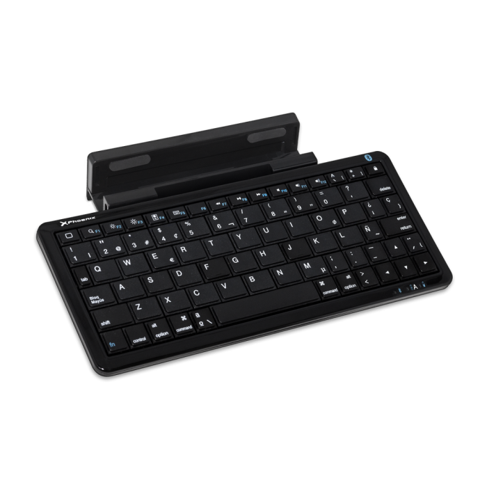 Phoenix technologies Mini Teclado Bluetooth Universal Multimedia con Soporte para Smartphone y Tablet, Batería Recargable Ion Litio, Cable USB Retráctil 2