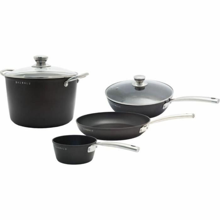 Baumalu BAU3216383445315 Batería de Cocina Antiadherente de Aluminio Forjado para Todo Tipo de Fuegos, Inducción, 4 Piezas Negro