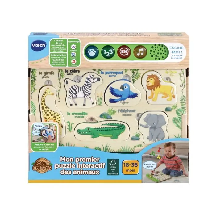 VTECH BABY Mi primer rompecabezas interactivo de animales Juguete de madera FSC para 18-36 meses 2