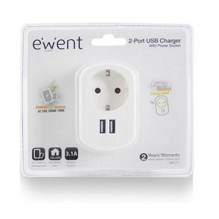 Enchufe Pared con 2 Puertos USB Ewent EW1211 3,1 A 0 Enchufe Pared con 2 Puertos USB Ewent EW1211 3,1 A 0