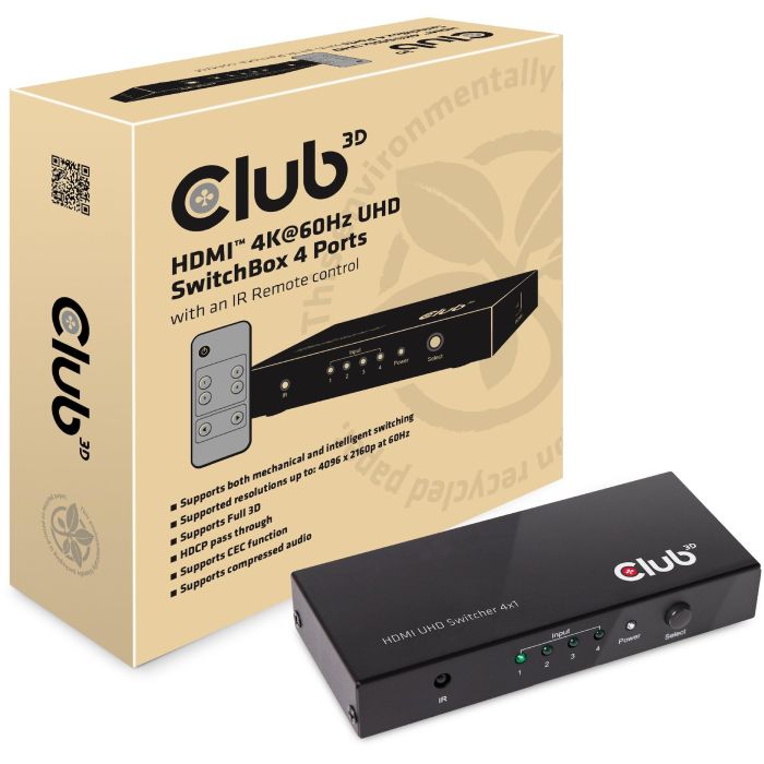 Club3D HDMI Switch Box 4 Entradas 1 Salida 4K Ultra HD 60Hz compatible con HDMI 2.0a, HDCP, con mando a distancia 4 Club3D HDMI Switch Box 4 Entradas 1 Salida 4K Ultra HD 60Hz compatible con HDMI 2.0a, HDCP, con mando a distancia 4