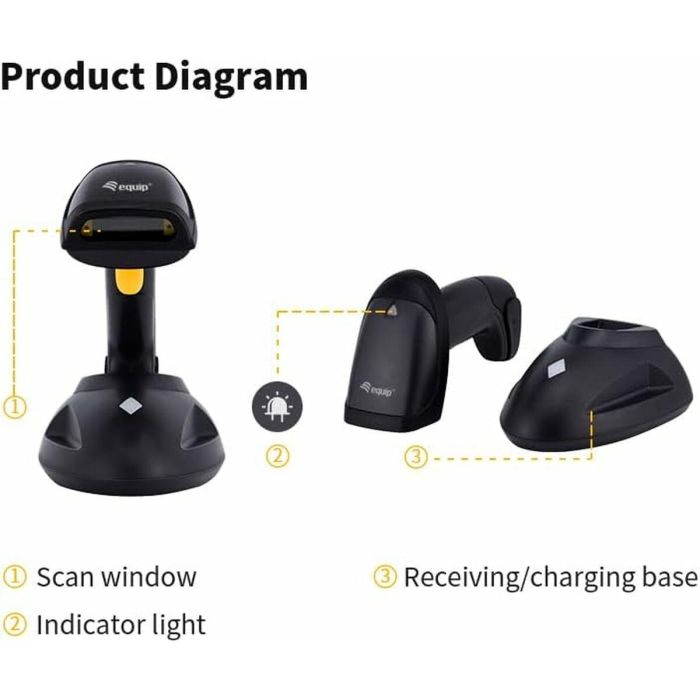Equip Lector Código Barras Inalámbrico 1D - Escáner Portátil Alta Velocidad 200 lect/s, Alcance 200m, IP54, Negro 8