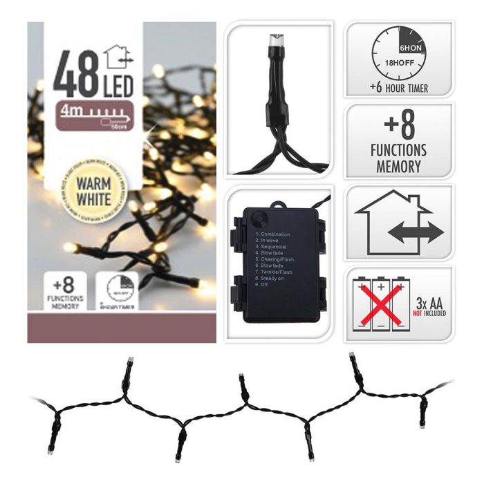 Guirnalda a pilas multifuncion 48 leds cable negro luz blanco calido 4m 1