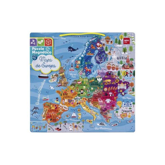 Apli Kids 19246 Puzzle Magnético Mapa de Europa para Aprender Países, Ríos, Montañas, Monumentos. Idioma Español +5 años