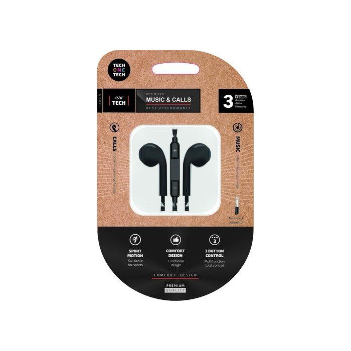 Tech One Tech Auriculares Eartech con Micrófono, Control de Volumen y Botón Multifunción, Compatibles con Apple, Android y Windows, Negro