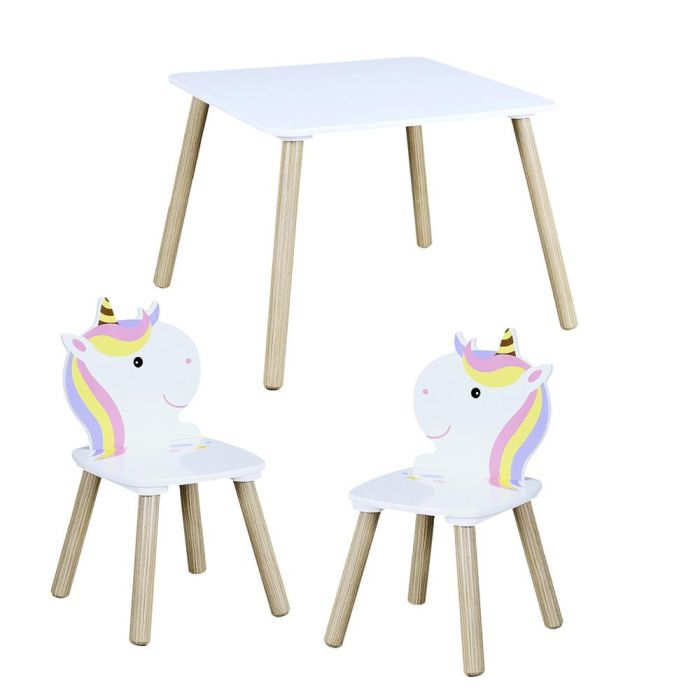 Home Deco Kids Conjunto Mesa y 2 Sillas Infantil Unicornio Licorne 55x55x43 cm Mesa, 28x28x51 cm Silla 2