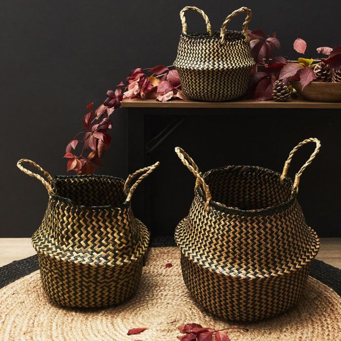 Home Deco Factory Juego De 3 Cestas Thai De Junco Bicolor Con Asas Grande: D.38 Cm; Mediana: D.32 Cm; Pequeña: D.20 Cm 1