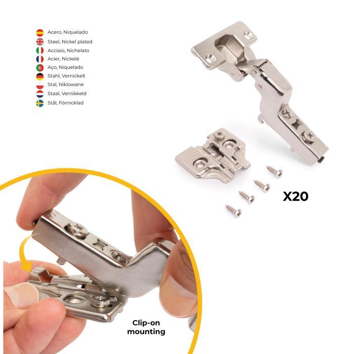 Emuca Lote de 20 bisagras supercodo X92 con cierre suave y suplementos para atornillar, Acero, Niquelado 2 Emuca Lote de 20 bisagras supercodo X92 con cierre suave y suplementos para atornillar, Acero, Niquelado 2