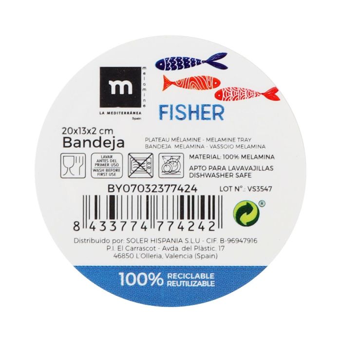 Bandeja Melamina Brillo Fisher 20x13x2 cm La Mediterranea (24 Unidades) 1 Bandeja Melamina Brillo Fisher 20x13x2 cm La Mediterranea (24 Unidades) 1