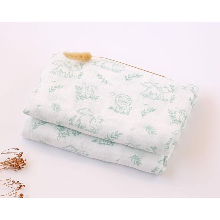 KioKids - Muselina Estampado Selva Color Salvia 120x120 cm, Bambú 70% y Algodón 30% para Bebé +0 Meses, Certificado OEKO-TEX