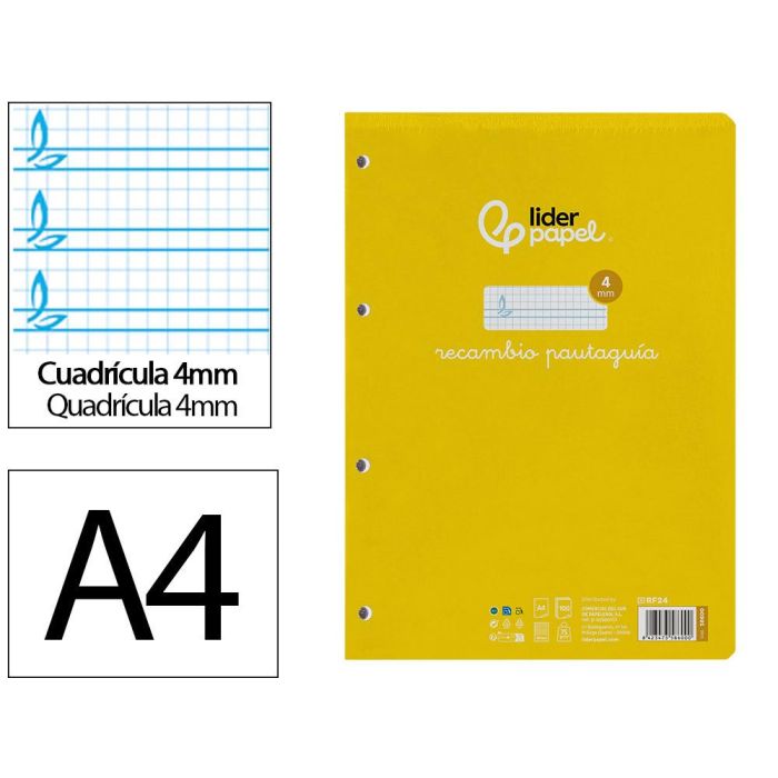 Recambio Liderpapel A4 Pautaguia 100 Hojas 75 gr Cuadriculado Pautado 4 mm Con Margen 4 Taladros