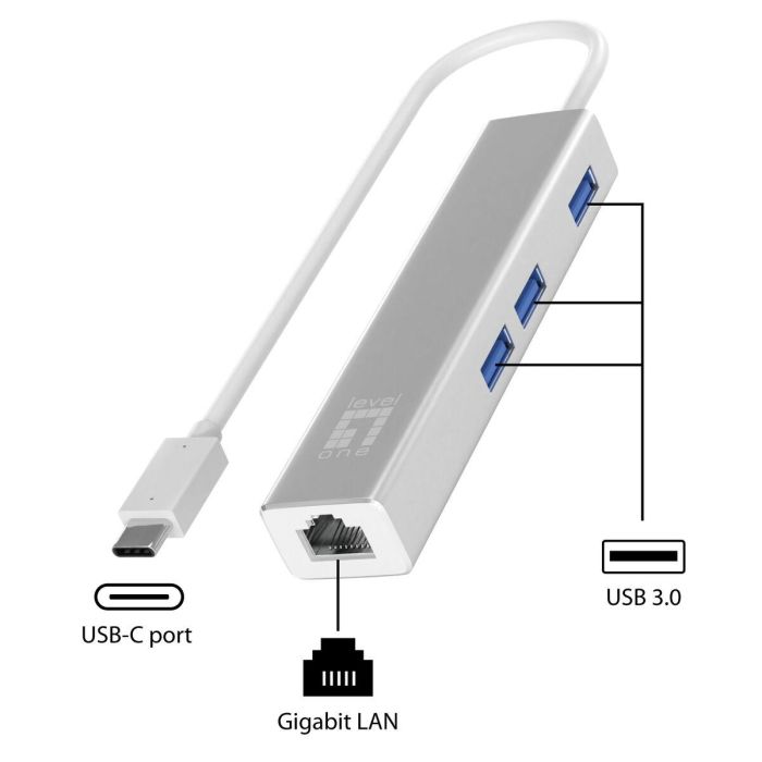 LevelOne USB-0504 Adaptador USB-C a Gigabit Ethernet RJ45 y Hub USB 3.0 con 3 Puertos, 1000 Mbps, Plata, 0.15m 5 LevelOne USB-0504 Adaptador USB-C a Gigabit Ethernet RJ45 y Hub USB 3.0 con 3 Puertos, 1000 Mbps, Plata, 0.15m 5