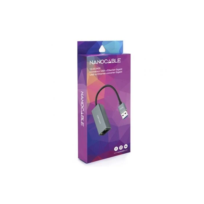 Nano Cable 10.03.0405 Adaptador USB 3.0 a RJ45 Ethernet Gigabit 1000Mbps Aluminio Gris 15cm