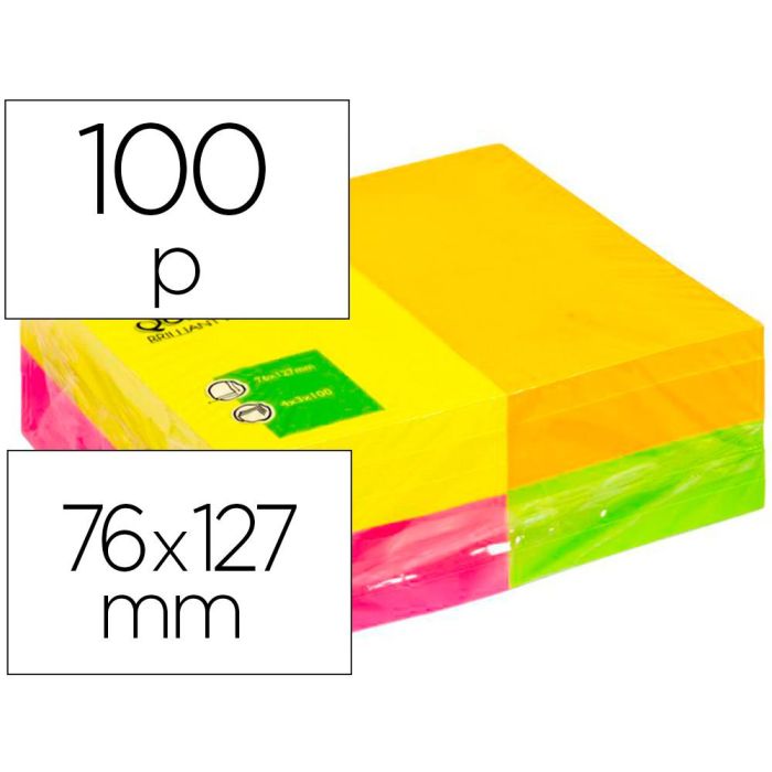 Bloc De Notas Adhesivas Quita Y Pon Q-Connect 127x76 mm Fsc 100 Hojas Fluorescentes Pack De 12 -Surtidas En 4 Colores