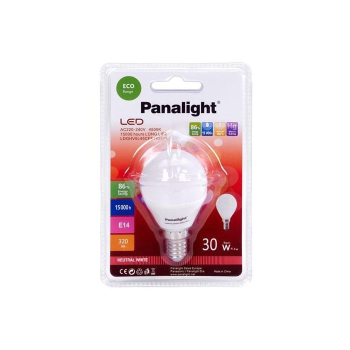 Panasonic-Panalight LDGHV5L45CFE142EPL-ECO Lámpara LED Esférica Frost E14 4W 4500K 2 Panasonic-Panalight LDGHV5L45CFE142EPL-ECO Lámpara LED Esférica Frost E14 4W 4500K 2