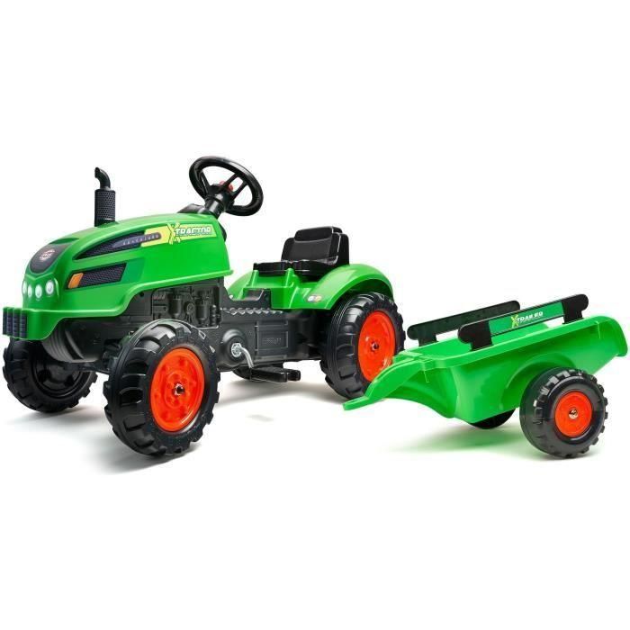 Falk X-Tractor - Tractor de pedal verde con capó de apertura, incluye remolque para cargar y transportar, ideal para niños de 2 a 5 años.