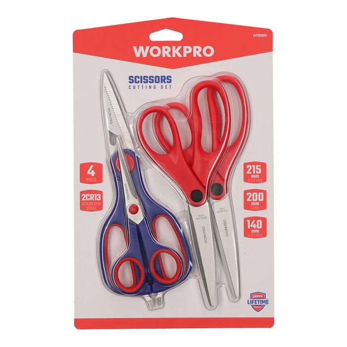 Workpro Juego de 4 tijeras de acero inoxidable, filo multipropósito, agarre moldeado, azul y rojo 4