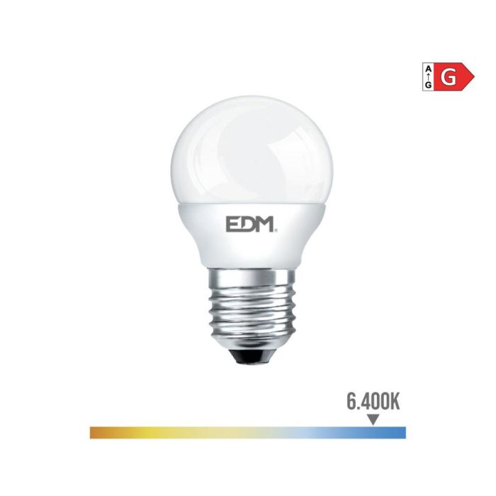 Edm Bombilla esférica LED E27 5W 400lm 6400K luz fría Ø4,5x8cm Clase G 0 Edm Bombilla esférica LED E27 5W 400lm 6400K luz fría Ø4,5x8cm Clase G 0