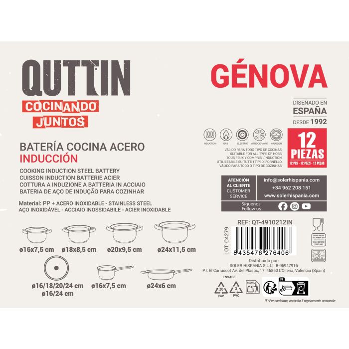 Batería de Cocina 12 Piezas Acero Inducción Genova Quttin (2 Unidades) 4 Batería de Cocina 12 Piezas Acero Inducción Genova Quttin (2 Unidades) 4